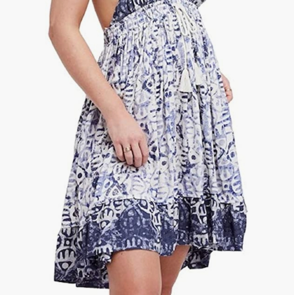 Free People Beach Day Mini Dress Halter Neck Blue Tribal Print Sz Sm Md & Lg NWT - Picture 11 of 16